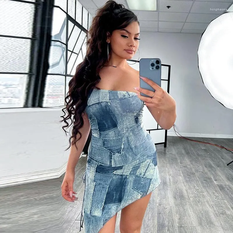 Abiti casual Donne sexy Abito arricciato stampato in denim Senza maniche con spalle scoperte Bodycon Party Lady Mini Coulisse Senza spalline Estate