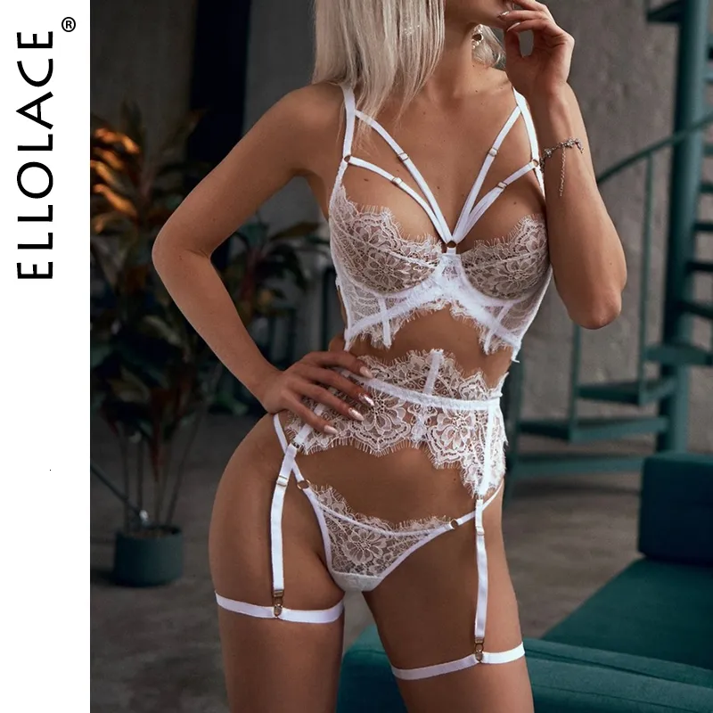 Outras calcinhas Ellolace Erotic Lingerie Sexy Roupa Lace Hollow Out Transparent Exotic Sets Sensual Underwire Bra e calcinha Conjunto com Garters 230411