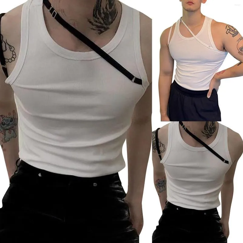Men's T Shirts European And American Patchwork Design Sense With Elastic Slim Shirt For Men'S Sling Irregular Solid Color Tank Top