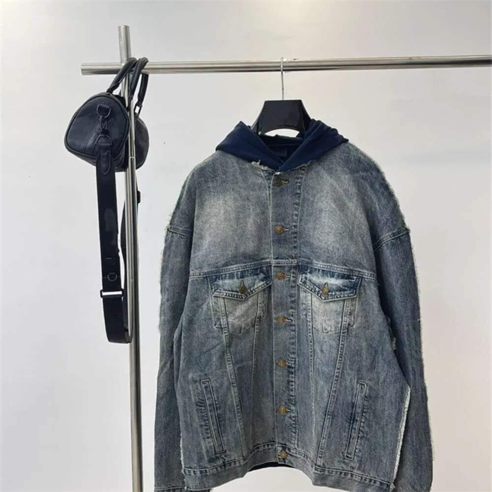 Hög version B Family Autumn and Winter New Vintage Fur Edge Fake Two-Piece Patchwork Par Casual Loose Denim Jacket