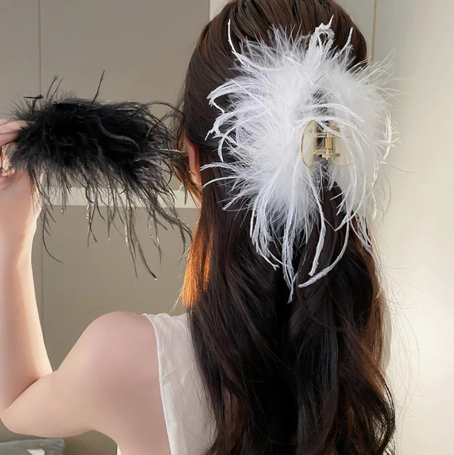 Nieuwste elegante veerhaarclips dames wit zwart zoete veer haaien haar klauw haarspeld meisjes haren accessoires feest hoofddeksels