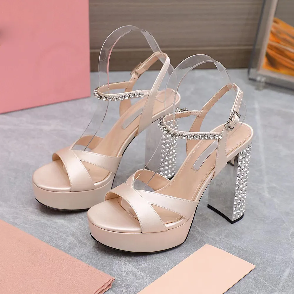 Crystal Heel Platform Sandals Nude Satin High Heeled Ankle Strap