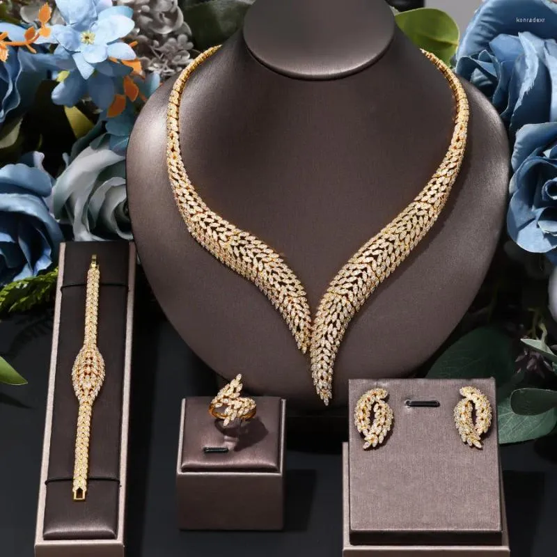 Colar brincos conjunto na moda dubai nupcial jóias de casamento clássico zircônia cúbica emirados árabes unidos noiva 4 peças conjuntos jóias brinco pulseira anel