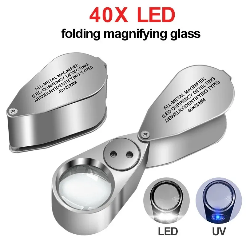 Förstoringsglas 40x vikbar förstoringsgaller metall smycken loupe förstoringsglas bärbar handhållen ögon förstoring LED -lampa UV -ljuslampa förstoring 230410