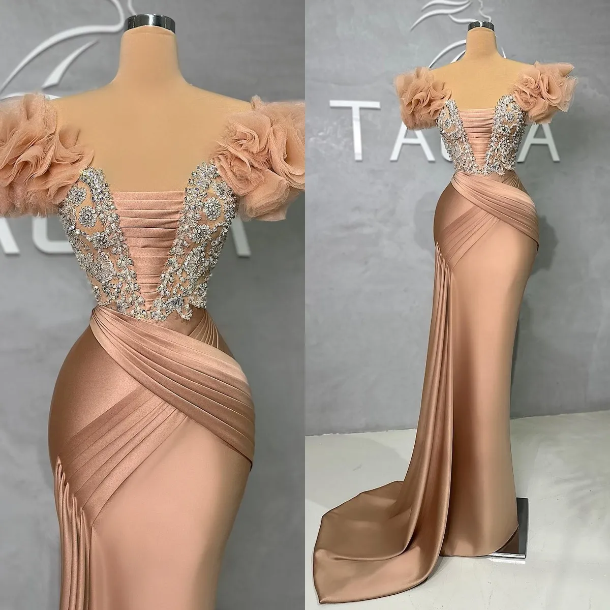 Arabe longue sirène robes de bal perlée épaule volants robe de soirée formelle robes de luxe 2023 pour les femmes fête