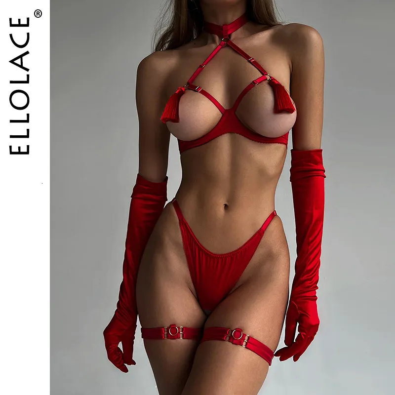 Sexy Set Ellolace Sensual Tassel Fetish Lingerie See Through Open Bra Bilizna Intimate Naked Crotchless Panties Exotic s 230411