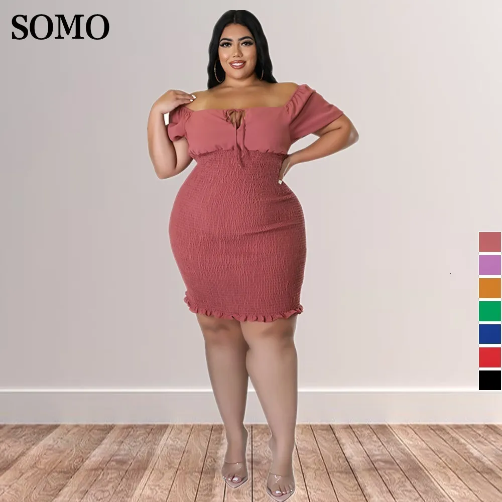 Plus size jurken zomerkleding sexy solide kleurformaat voor vrouwen één woord kraag mini jurk hip wrap clubkleding groothandel druppel 230410