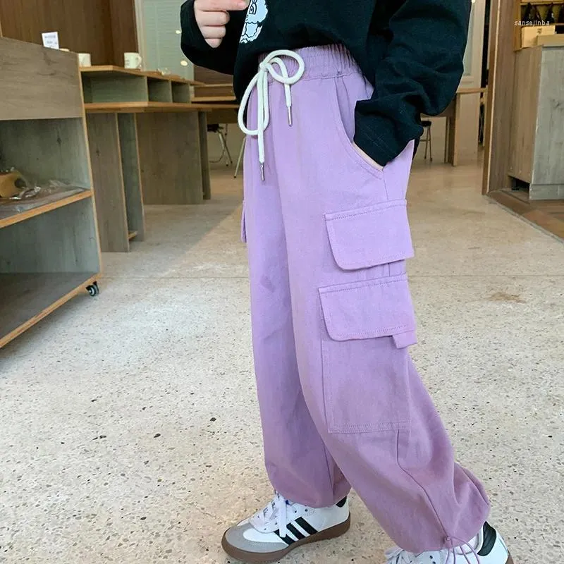 Pantaloni Pantaloni cargo da bambina con tasca laterale alla moda Ragazzi 3 colori larghi casual allacciati alla caviglia