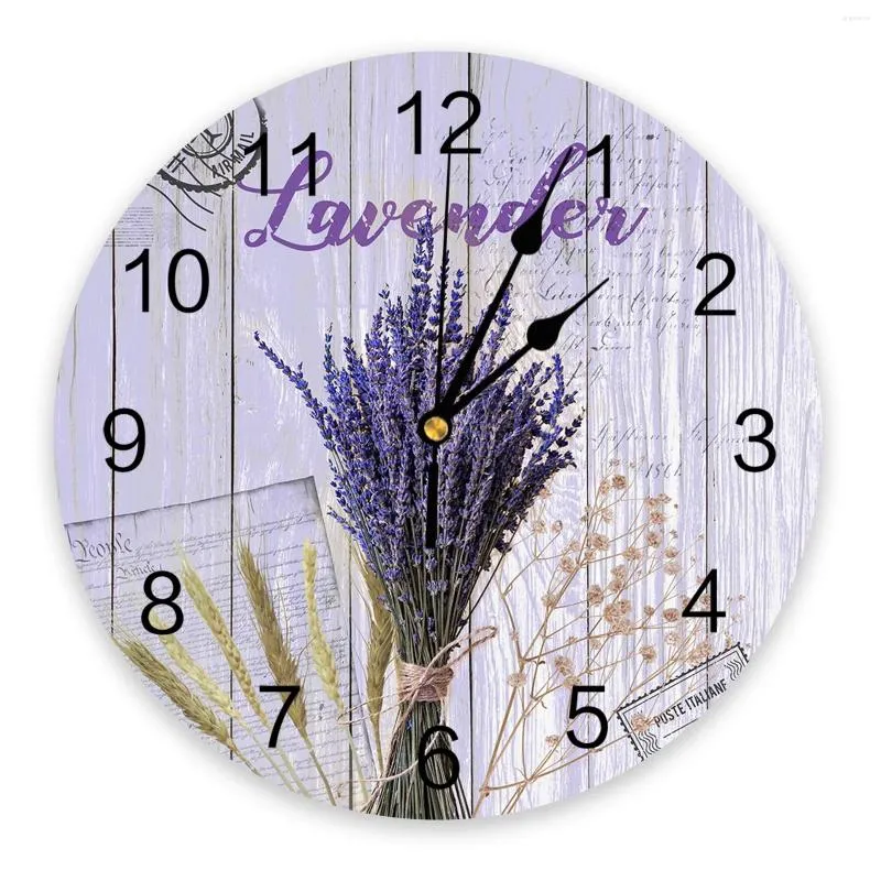 Wall Clocks Lavender Ear Of Wheat Vintage Flower Large Kids Room Silent Watch Office Home Decor Hanging Gift