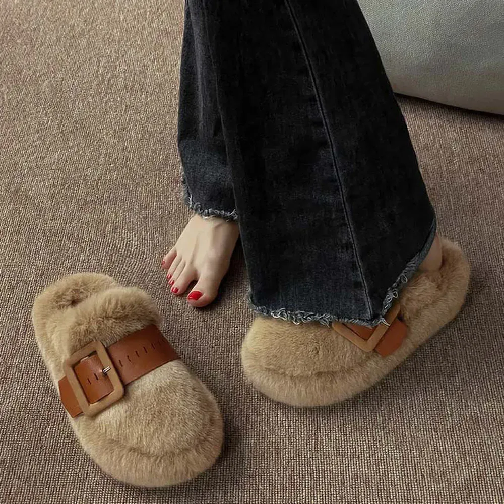 Fashion Fur Flats Platform Home Shoes Winter Slides Warm Foot Wear Women Slippers 2023 Mujer Zapatillas Mules Causal Shoes