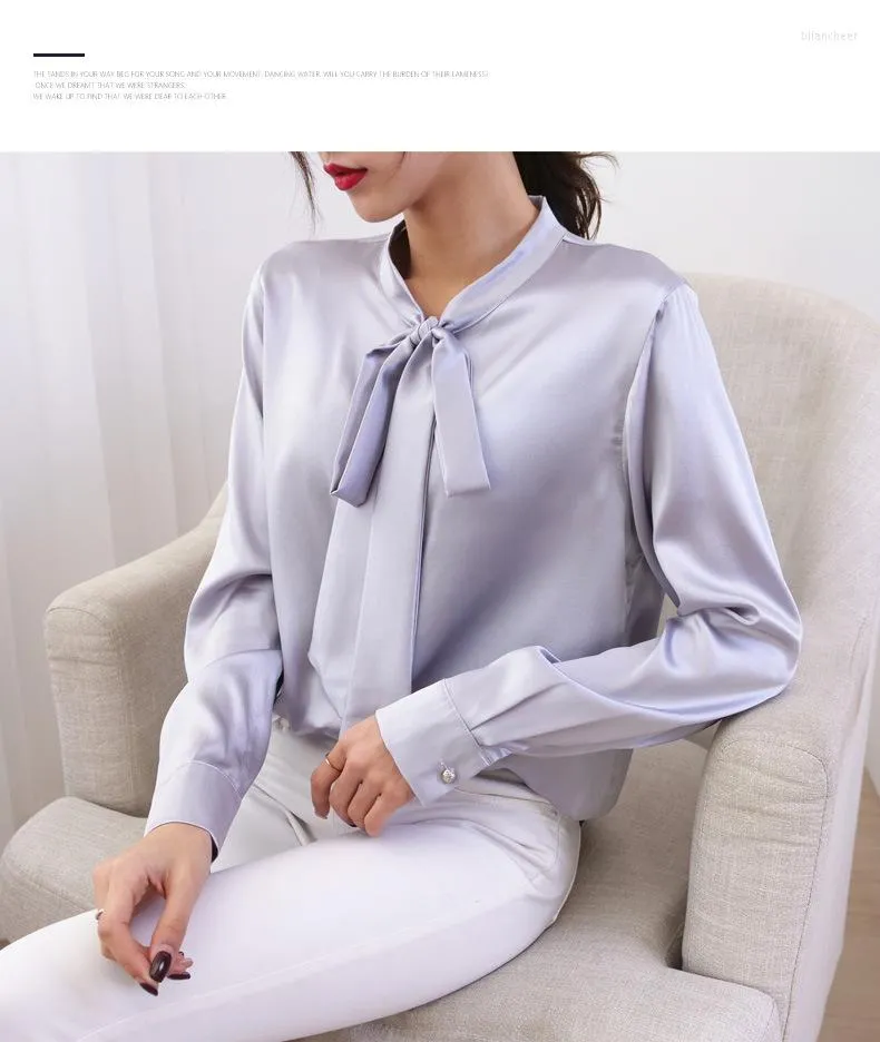 Bluzki damskie Bowknot Mulberry Silk Shirt Women Spring and Summer Long-Sleeved Hangzhou Slim White Heavy