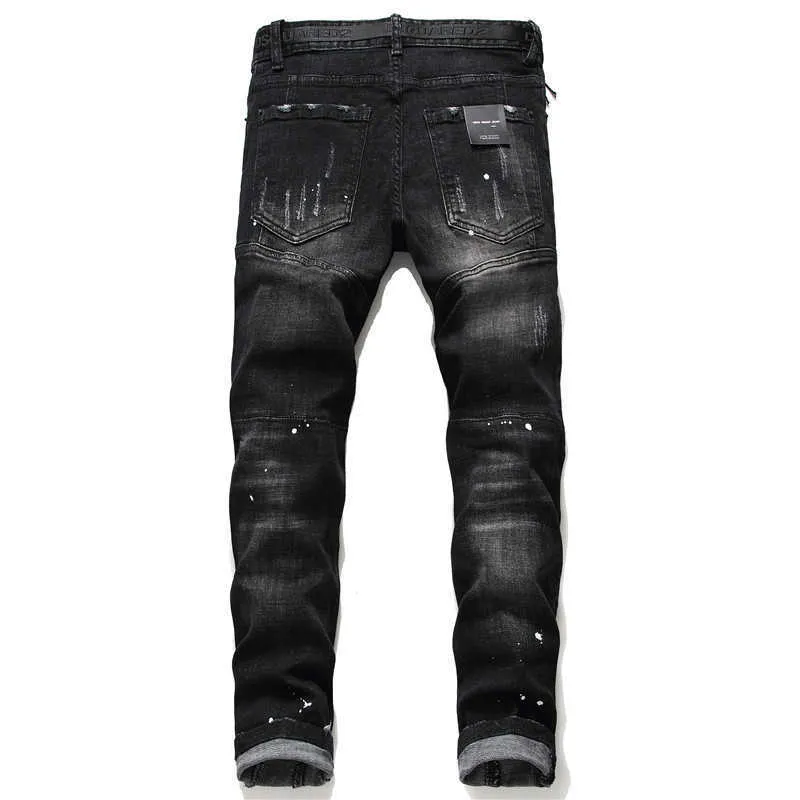 Designer Ripped Jeans For Men 2023 Streetwear Letter Black Jeans Pants Gothic Punk Stretchable Hip Hop Dance Trousers Y23293i