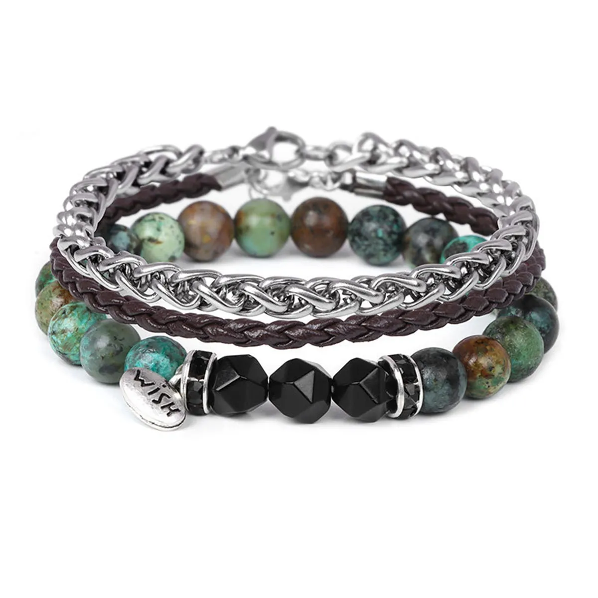 High Standard Chakras Natural Gemstone Beads Bracelet Stainless Steel Chain Bracelet Vintage Rope Bracelet 3pcs Set Jewelry