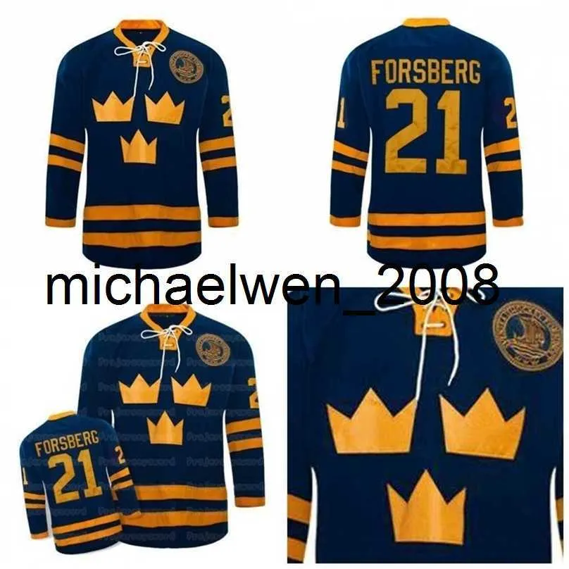 Weng # 21 Peter Forsberg Jersey Team SVEZIA Maglie di hockey su ghiaccio ricamate 100% blu cucite Personalizza il tuo nome Numero