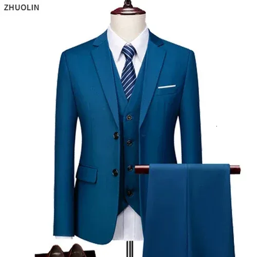 Erkekler Suits Blazers Erkekler İçin Düğün Takımları Zarif Blazers Set 3 Parçalı Lüks Business Resmi Yelek Pantolon Tam Katlar Ceketler 231110