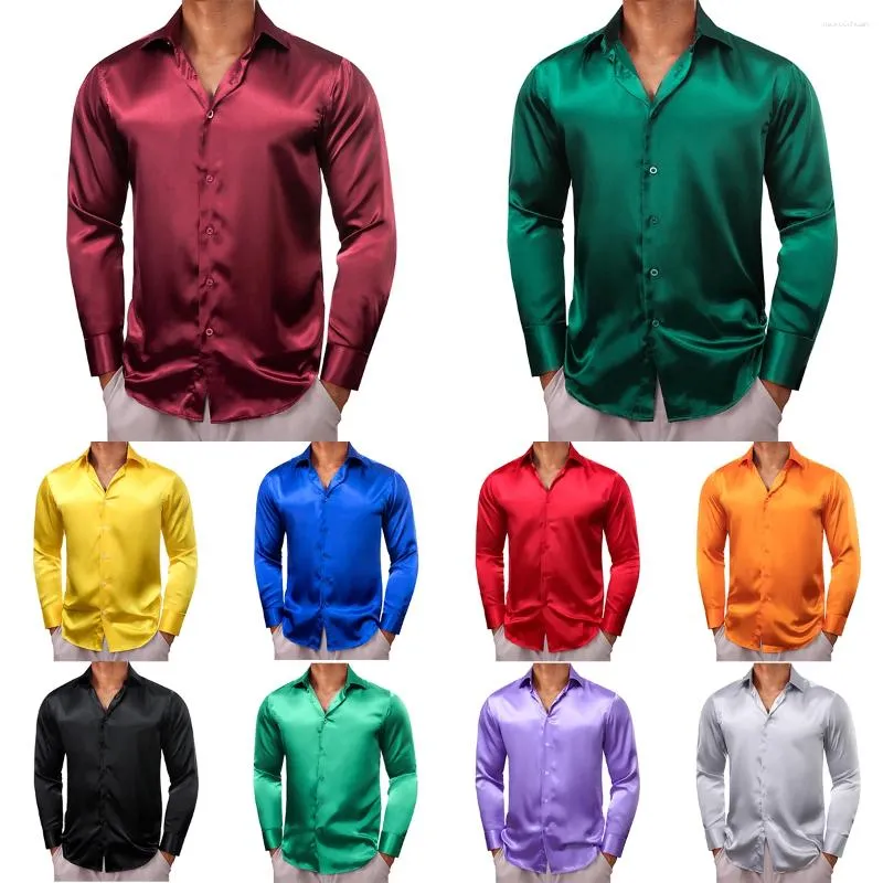 Mens Casual Shirts Barry Wang For Men Long Sleeve Silk Solid Satin Red