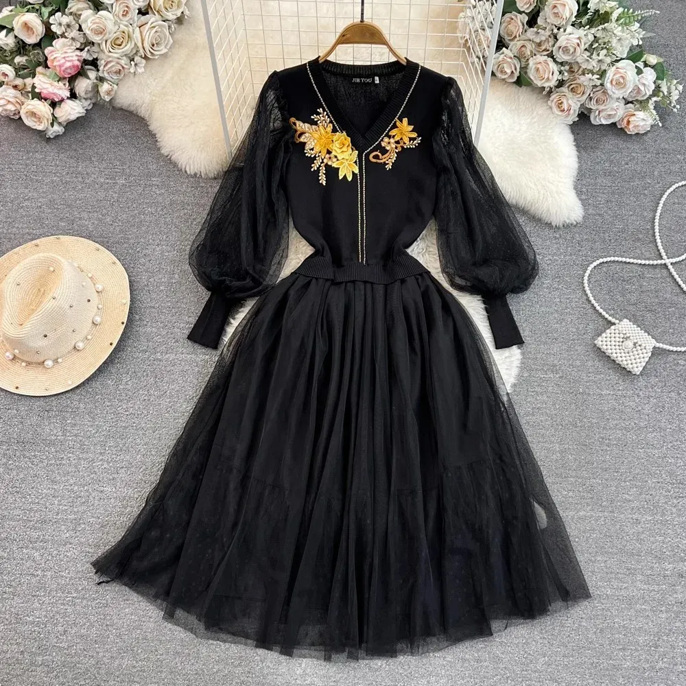 Women's V-Neck Embroidered Flower Knitted Midi Dress with Lantern Sleeves Women's V-Neck Embroidered Flower Knitted Midi Dress with Lantern Sleeves