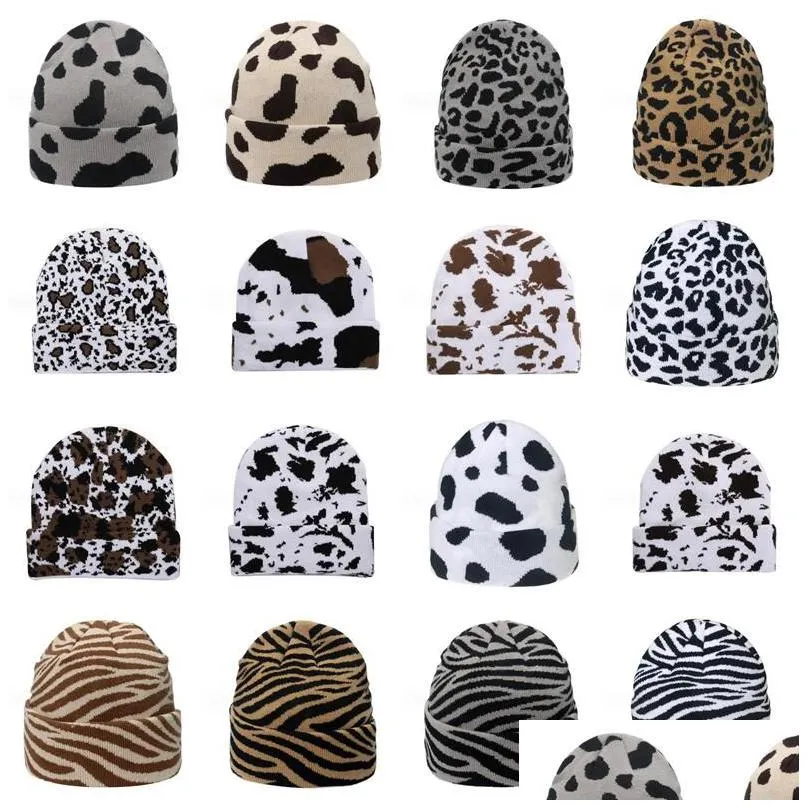 18 colori autunno inverno berretto con stampa leopardata uomo donna cappello caldo lavorato a maglia studente carino berretto di mucca zebra consegna goccia Dhmac