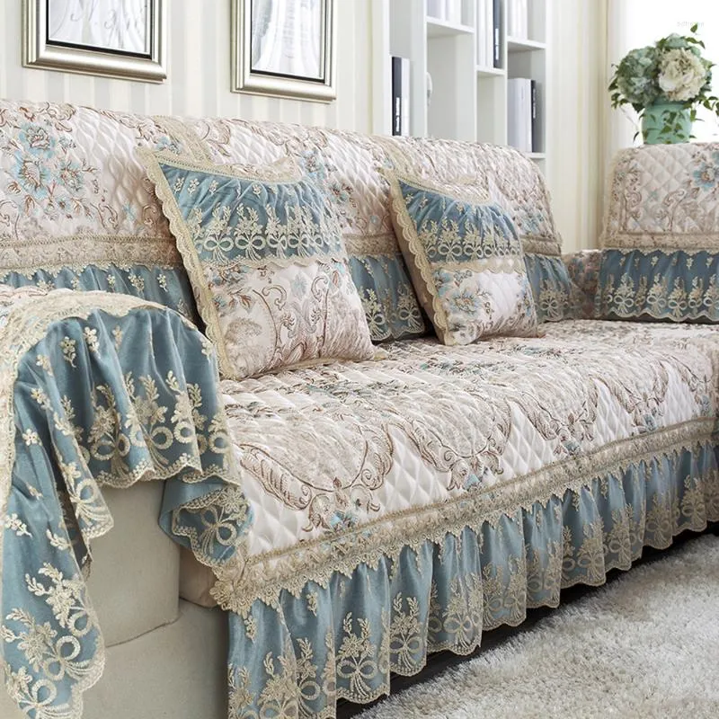 Housses de chaise Housse de canapé royale de luxe Housse de lin en coton Housse de protection en dentelle jacquard bleu clair Coussin de dossier Taie d'oreiller Kit combiné