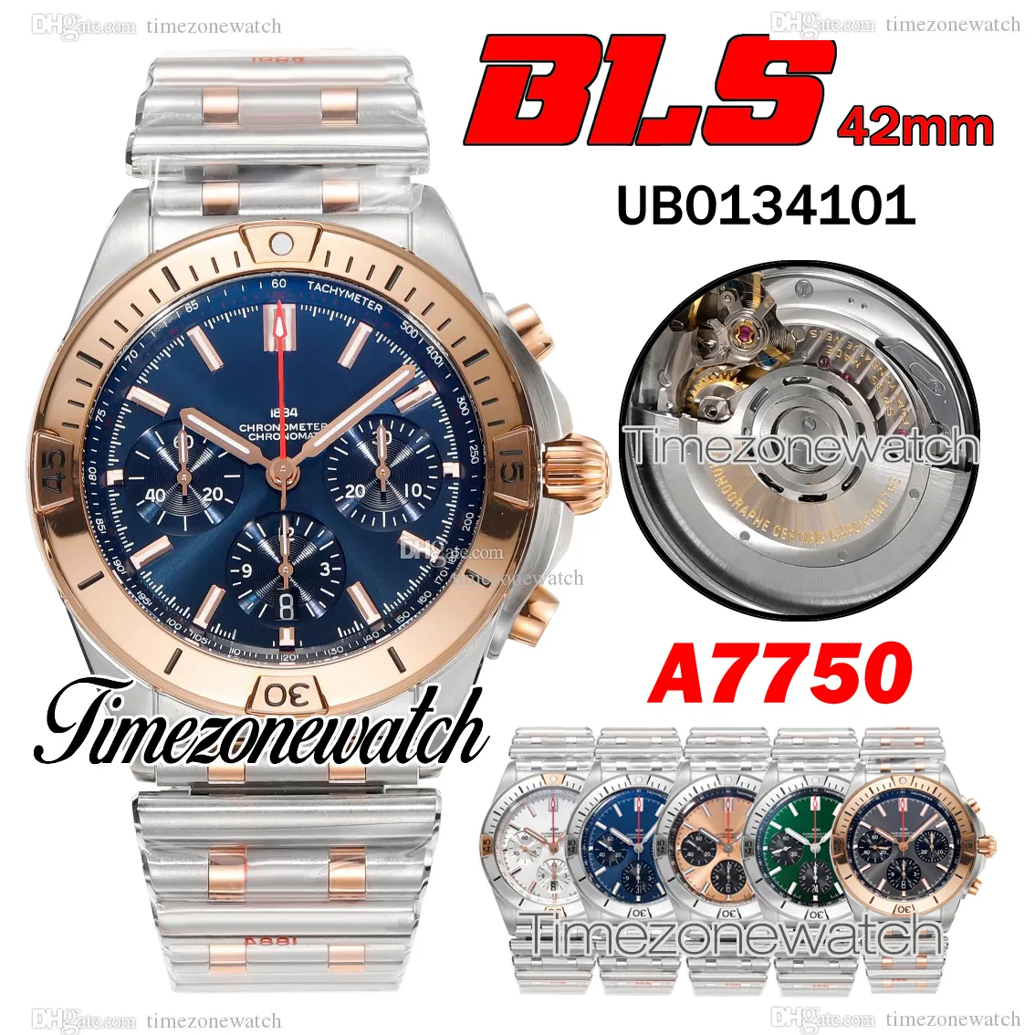 BLSF 42 mm chronomat UB0134101 Automatyczne A7750 Męskie zegarek Chronograph Blue Stick Markery Wybierz Bransoletę Dwucie Rose Gold Bransoletnie