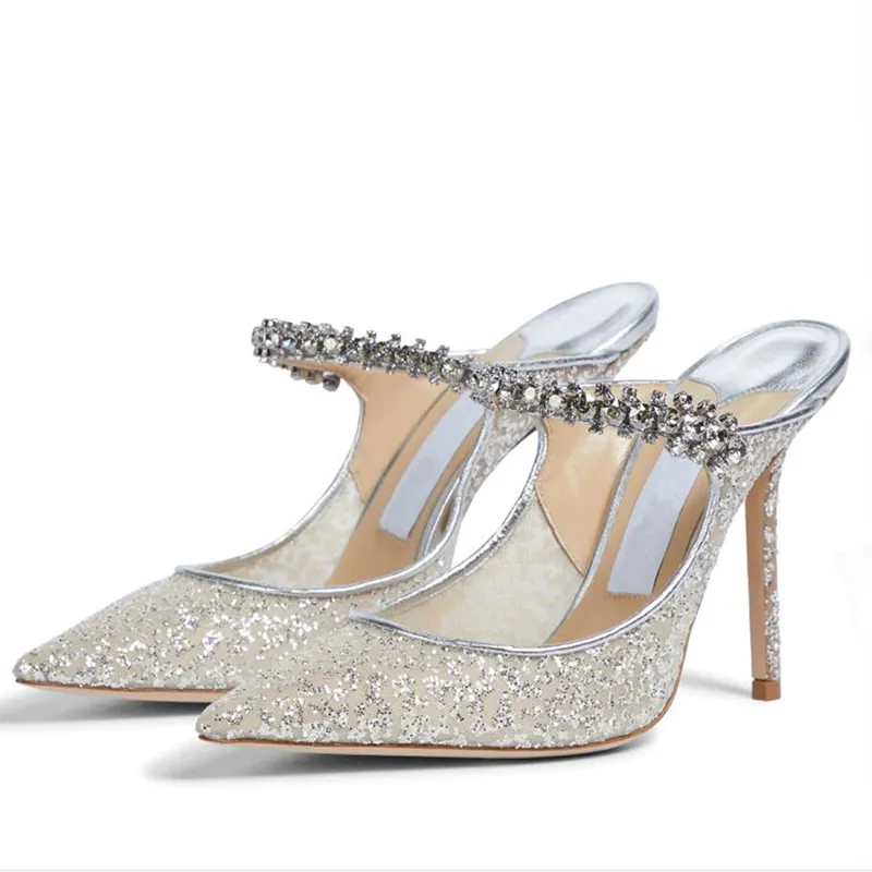 Fashion Women Sandals Pumps London Bing 100 mm Mules In Glittered Tulle Italy Famous Pointed Toes Slingback Crystal Ankle Strap Designer Sandal High Heels Box EU 35-43
