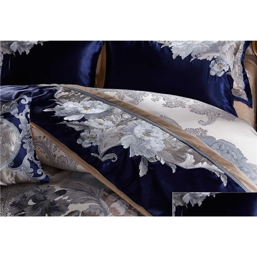 Conjuntos de cama Azul Sier Silk Algodão Cetim Jacquard Luxo Conjunto Chinês Queen King Size Folha de cama / Spread Duvet Er H0913 Drop Delivery Hom Dhimr