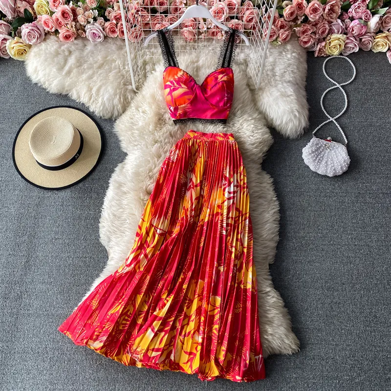 İki parçalı elbise bayan çiçek baskısı üst yüksek wasist uzun deri ceket twopiece sling mahsulü üst ve salıncak deri ceket zarif kadın elbise vestido 230410