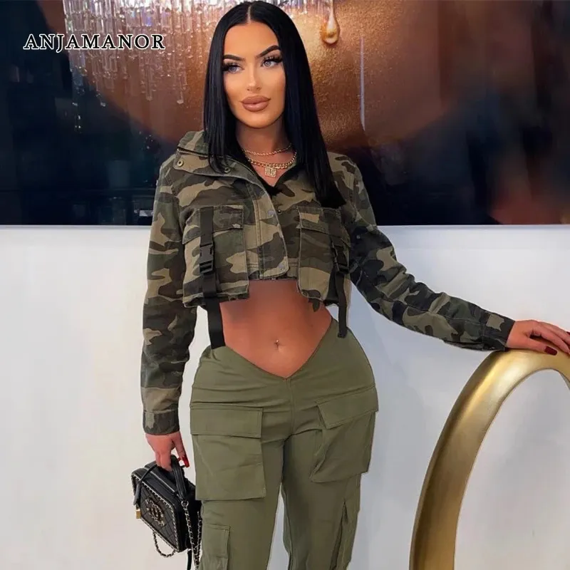 Women s Jackets ANJAMANOR Camouflage Cropped Jacket Coat Streetwear Womens Clothing 2023 Fall Winter Army Green Baddie Tops Outerwears D82 GZ44 231110