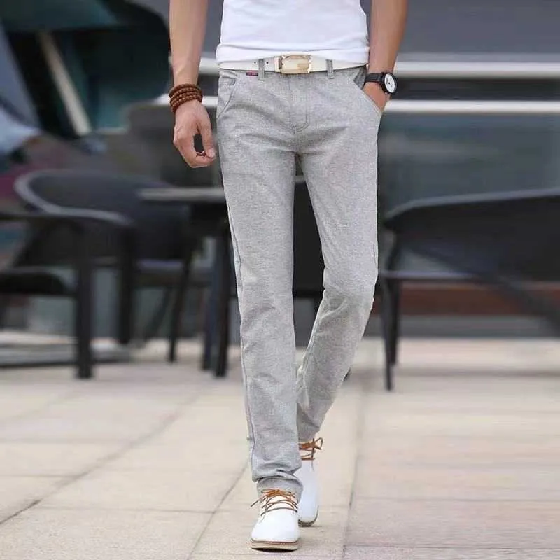Calça masculina calça masculina moda de verão corea slim fit linen algodão fino comercial calça masculina calça casual masculino masculino w0414
