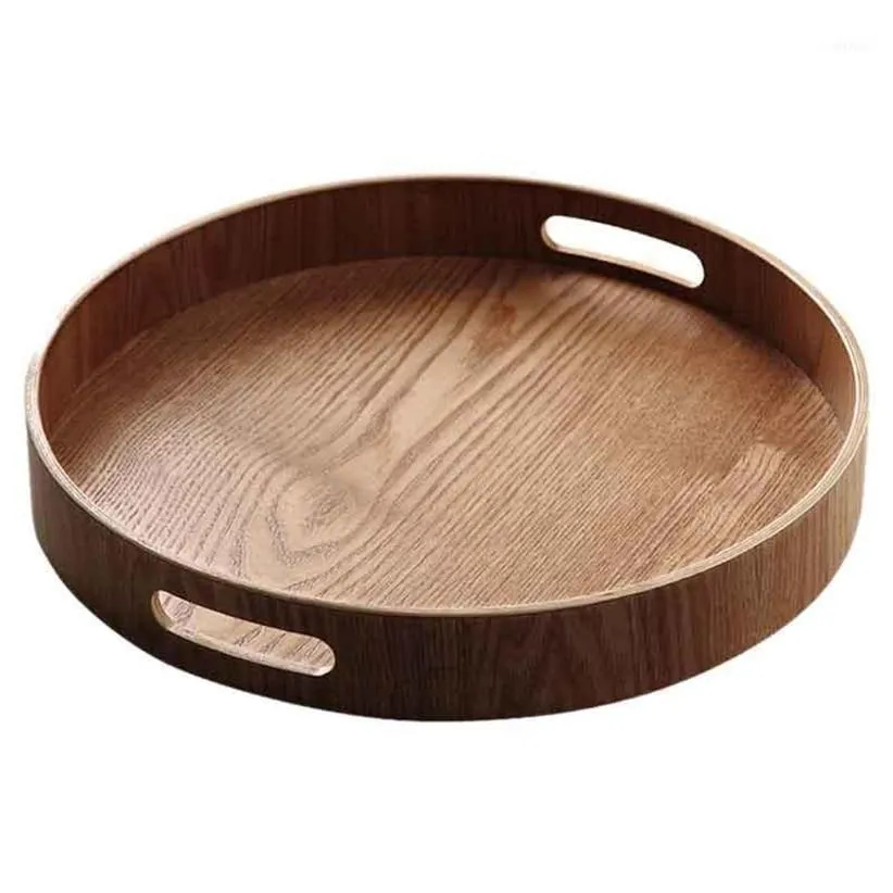 Okrągły porcja drewnianej tacki na obiad do obiadu barowy pojemnik na śniadanie rączka do przechowywania 111821