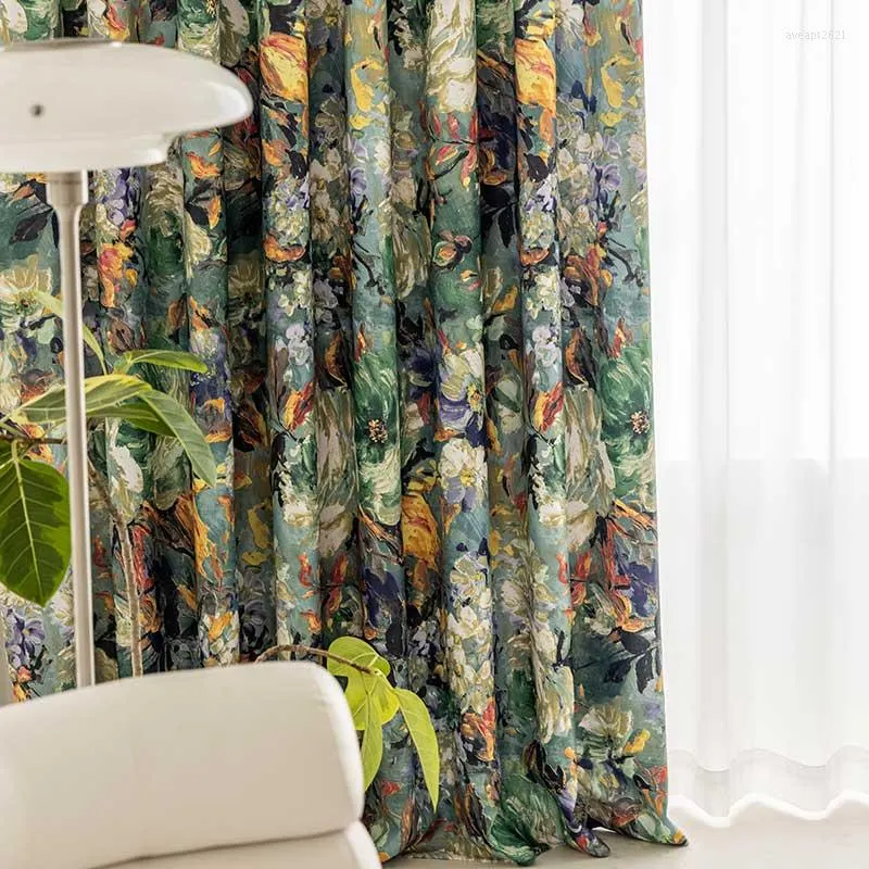 Cortina de estilo americano, cortinas opacas florales para pintura para sala de estar, persianas gruesas de tela para ventana de dormitorio