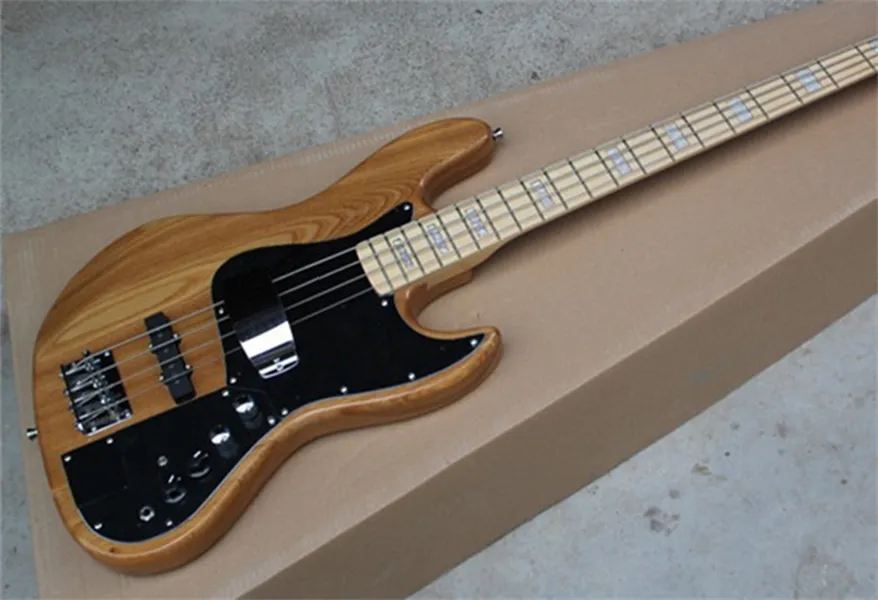 Wysokiej jakości naturalne drewno 4 strun Jazz Electric Guitar Guitar Baswood Body Maple Scyk Szyjka Chrome Sprzęt 9V Aktywna bateria Bezpłatna wysyłka