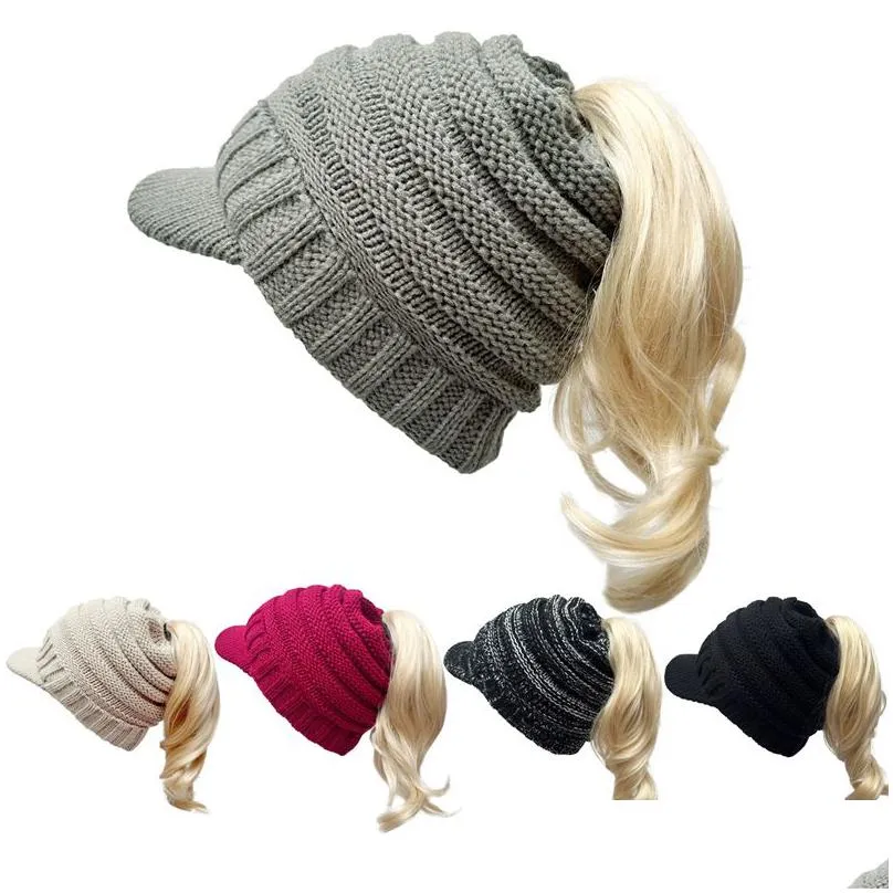 5 Colors With Brim Rolled Edge Horsetail Hat Warm Striped Duck Tongue Wool Autumn Winter Womens Drop Delivery Dht76