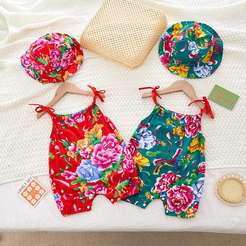 Rompers Baby Summer Clothes Suspender Hat Suit Boy Girls Chinese Style 100 Days Anniversary Foreign Fashion HA 230411