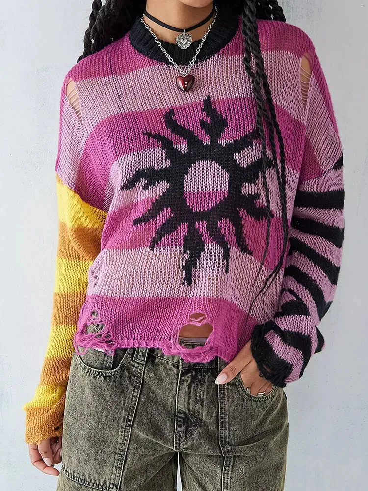 Women s Sweaters Sweater Contrast Striped Distressed Knit Pullovers Sunny Solstice Knitted Jumper Y2K Grunge Outfit 231110