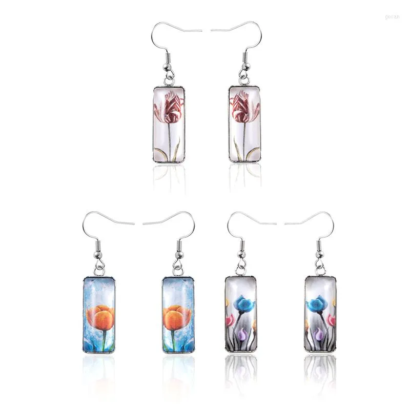 Boucles d'oreilles 2023 fleurs tulipe temps pierre précieuse balancent créatif carré en acier inoxydable pour les femmes bijoux cadeaux