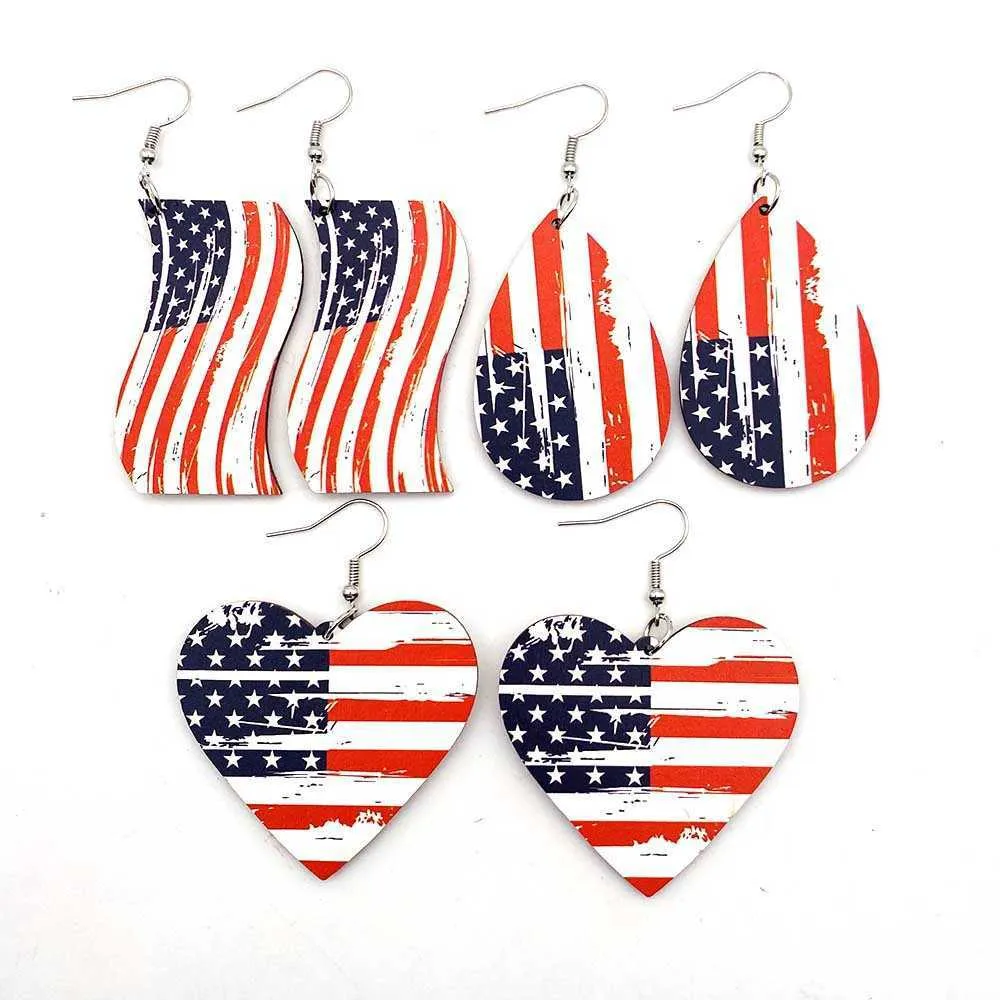 Dangle Chandelier New Independence Day Wooden Earrings for Women American Flag Heart Fivepointed Star Teardrop Earring USA Patriotic 4th of July Z0411