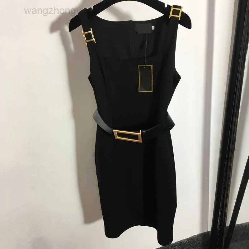 Classy Belt Sleeveless Gold Button Skirts Women Black Casual Sexy Vest Long Skirt