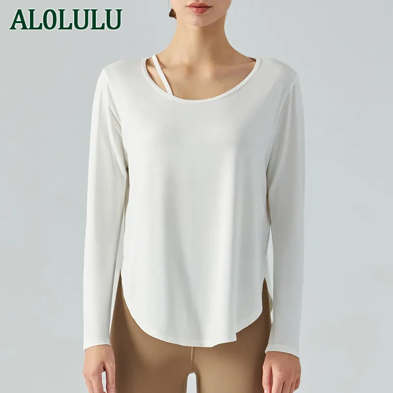 AL0LULU Con Logo Yoga Top Donna Sport Corsa Esercizio Allenamento T-shirt Slim Fit Manica lunga Abbigliamento fitness Ragazza Bianco Rosa Nero Allenamento Top Abbigliamento sportivo