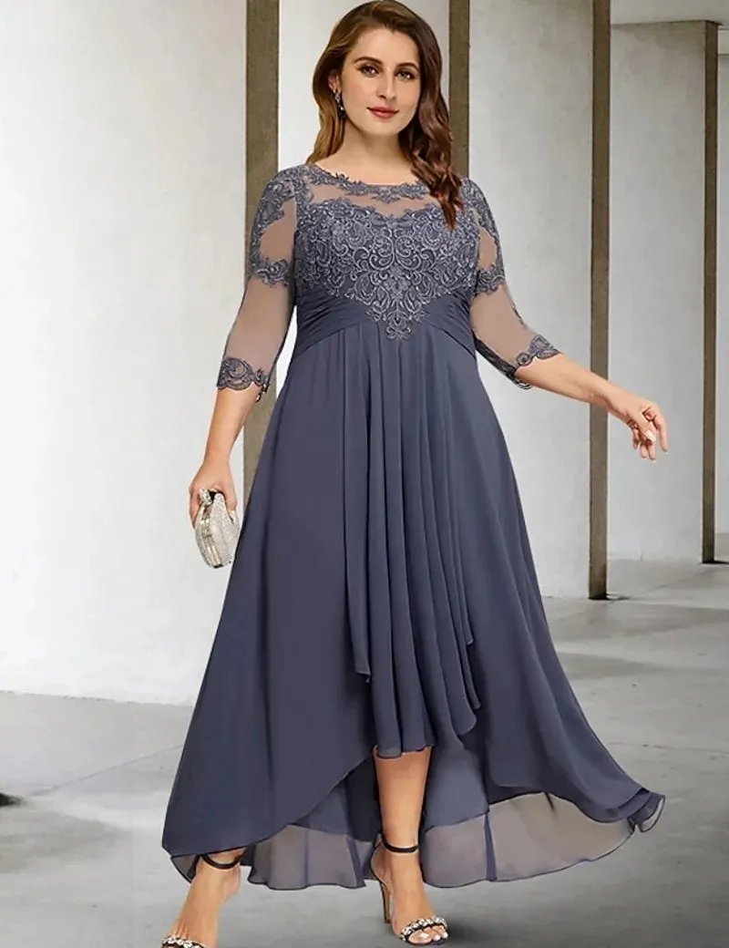 2024 cinza alto baixo mãe da noiva vestido plus size 3/4 manga jóia chiffon rendas apliques vestidos de festa de casamento robe de soiree