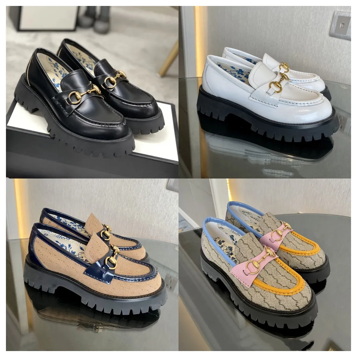 New Designer women casual shoe platform lug sole loafers metal buckles thick soles womens lady girl luxury leather casual shoes size 35-42