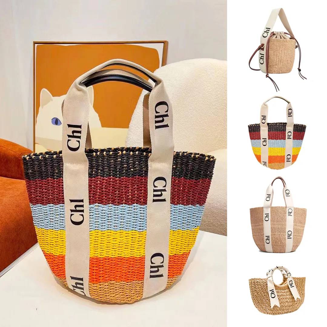 Lyxig vintage halm strand raffia väska kvinnor woody tote korg axel väska mens designers purs plånbok stora hinkväskor väver shopping crossbody koppling handväskor