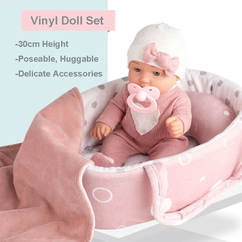 Dockor 12 ''/30cm Baby Doll Playset i presentförpackning med tillbehör Pink Pacifier Vinyl Reborn Doll Toy Christmas Gift for Girl Boy Kid 231110