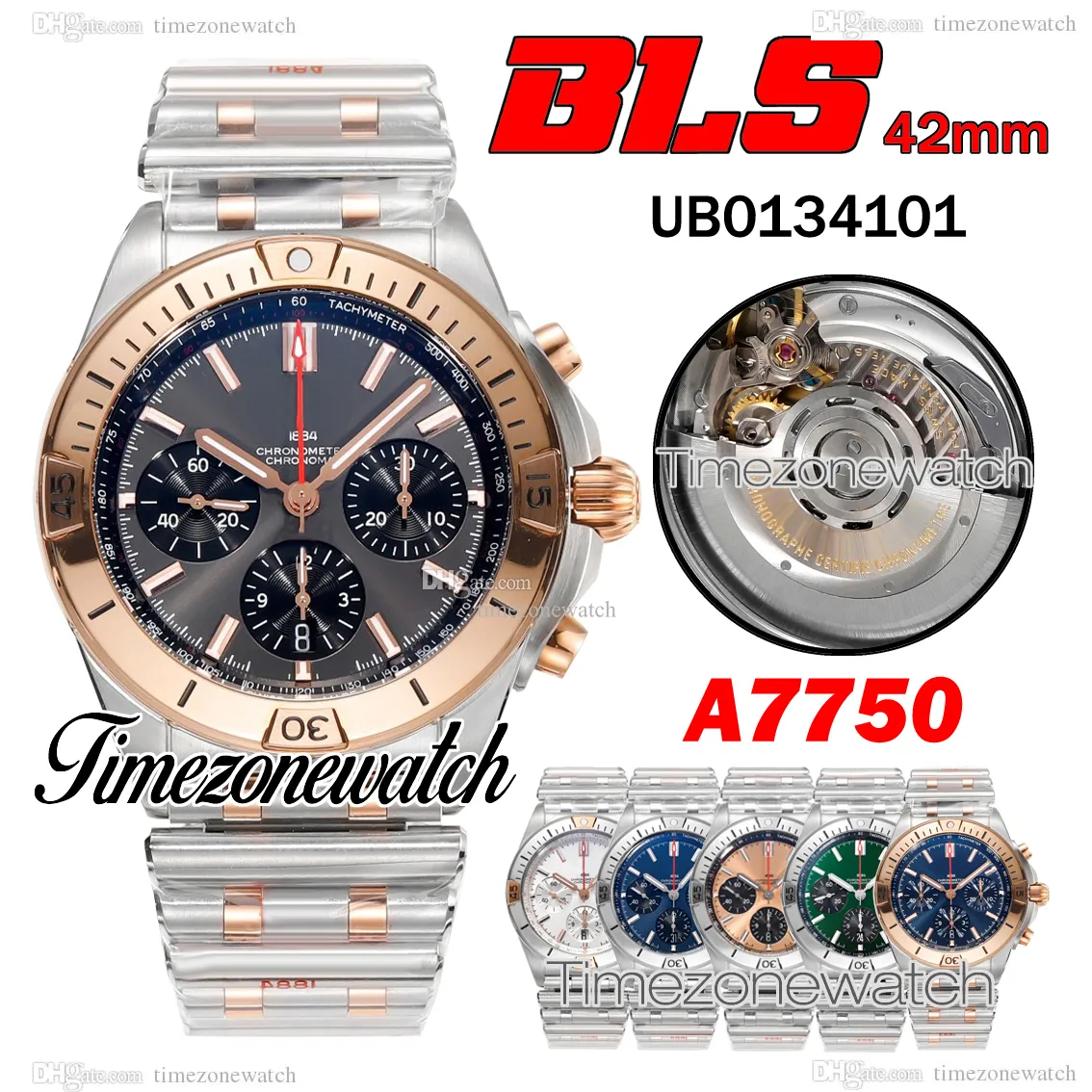 BLSF 42 мм Chronomat UB0134101 Автоматические мужские часы A7750 Хронограф Коричневые маркеры с циферблатом Двухцветные часы со стальным браслетом из розового золота Timezonewatch TWBR C149f