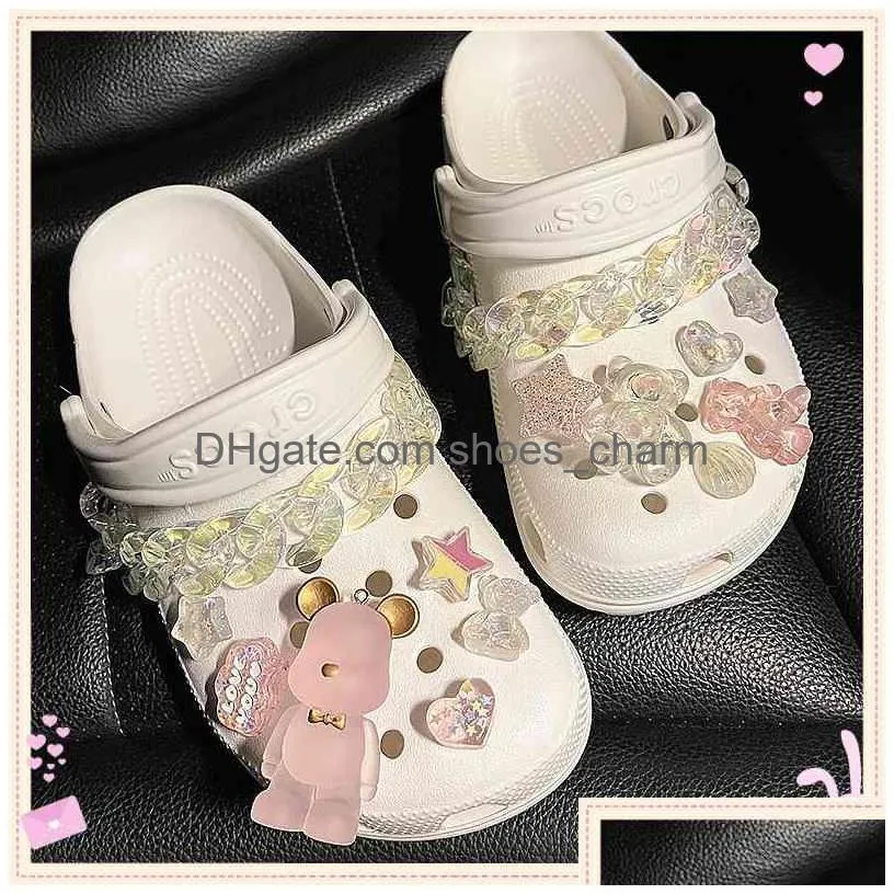 Akcesoria części butów Es Charms Designer Chain i różowy niedźwiedź buty gwiazdy w kształcie serca Dokwana dla Croc Jibz Clogs Kids Women Dhzl8