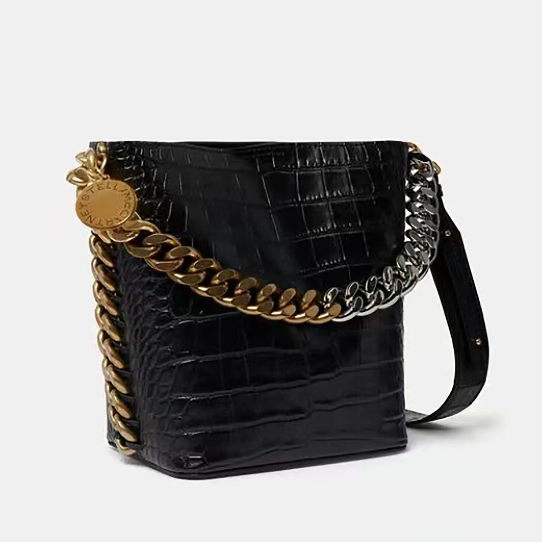 Stella McCartney Çanta Frayme Croco Eeffect Kabartmalı Kovalı Kova Torbası Omuz Çantası Kadın Metalik Siyah Klasik Crossbody Tote Lüks Tasarımcı Çanta Cüzdan