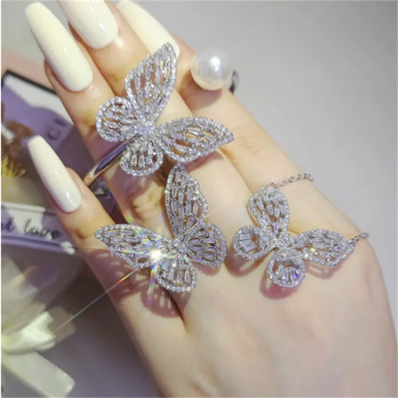 Butterfly Jewelry set Zircon White Gold Filled Promise Party Wedding Rings Earrings Necklace Bangle For Women Bridal Jewelry