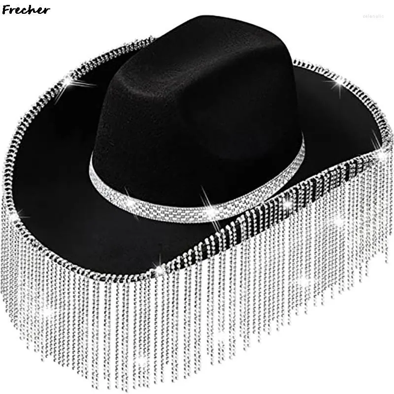Bérets strass glands femmes chevalier Chapeau de mariage Panama élégant fête habiller casquette Western Cowgirl chapeaux cristal Chapeau Jazz