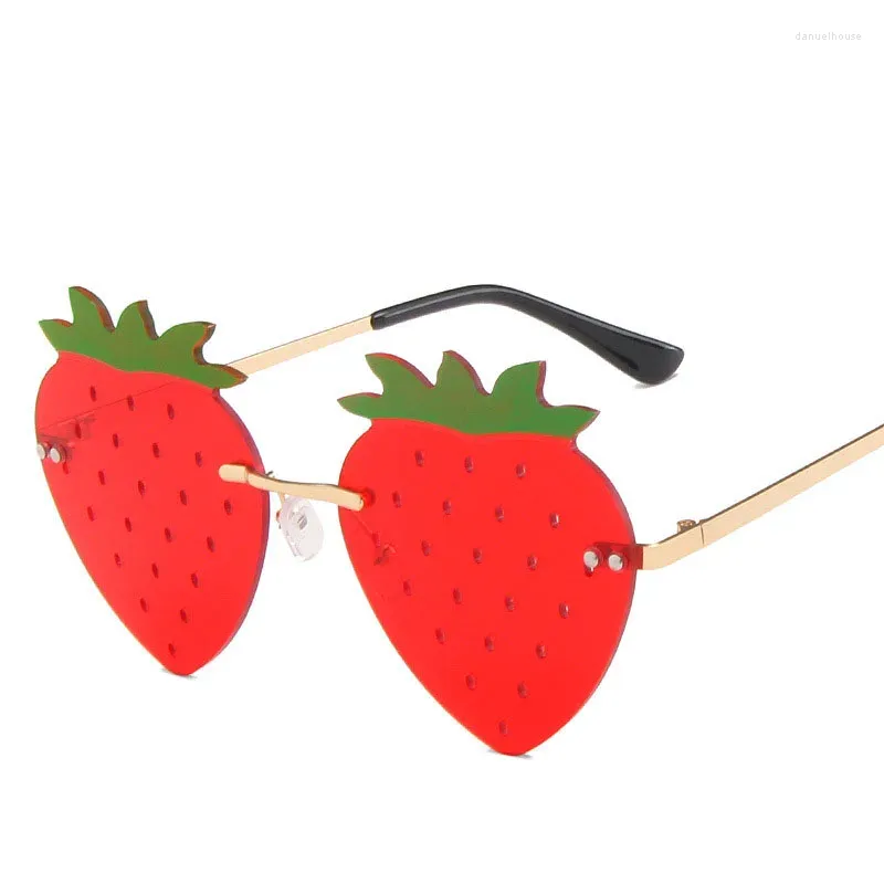 Lunettes de soleil en forme de fraise pour femmes, sans bords, Y2K, pour fête, scène, jambe en métal, lunettes de soleil pour filles