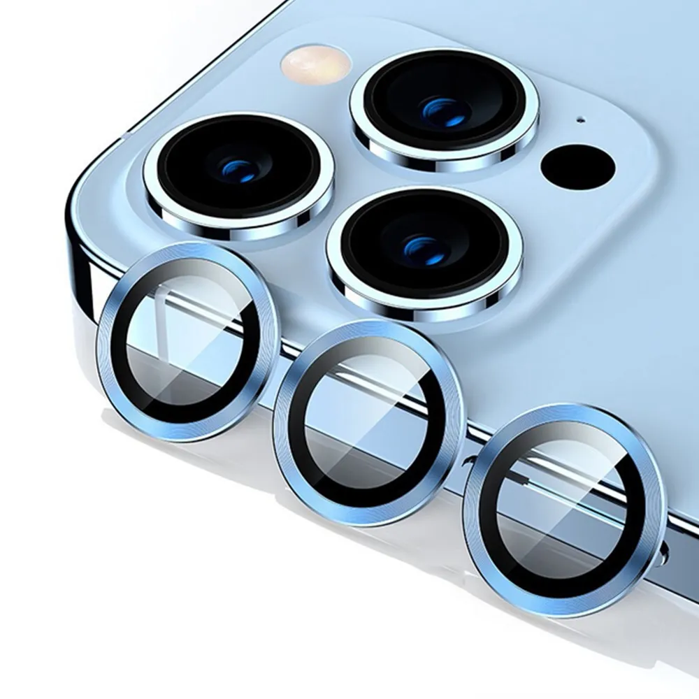 Protetores de tela da lente de câmera de metal de alumínio para iPhone 14 Plus 13 Pro Max mini 12 11 Telefone de orifício fino colorido 9H Filme de vidro temperado